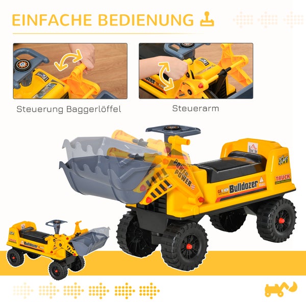 HOMCOM Sitzbagger für Kinder, 70L x 26B x 37H cm, PP-Kunststoff, ABS, Gelb