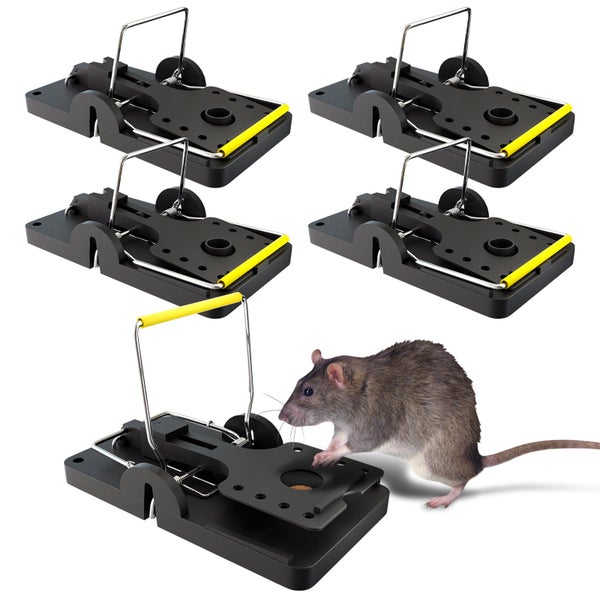 5er-Pack Rattenfallen aus schwarzem Kunststoff und Metall, eine Falle mit Ratte dargestellt.