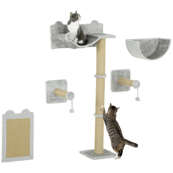 PwaHut Kletterwand Katzen 5-teilig Katzen Kletterwand Set mit Kratzpfosten, Hängematte, Sprungplatt, Wandkratzbaum, Klettern Katzenkratzbaum Katzenmöbel für Katzen bis 5 kg, Hellgrau