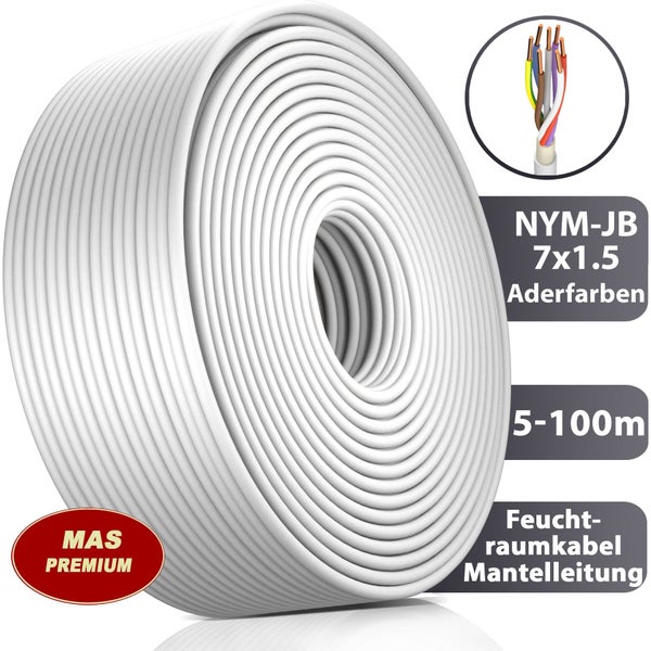 MAS Premium NYM-J 7x1,5 Feuchtraumkabel, Mantelleitung auf Rolle mit Detailansicht der sieben Adern.