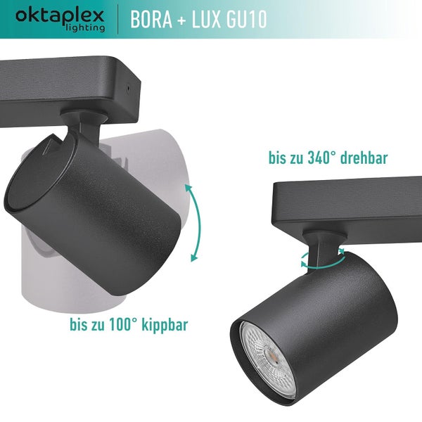Bora Deckenstrahler 3-Stufen dimmbar GU10 Leuchtmittel 400lm warmweiß 2700K 2-flammig schwarz Spotbalken für Wohn- und Schlafräume