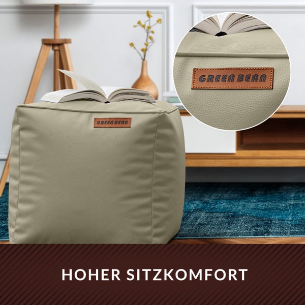 Quadratischer Sitzwürfel mit Buch und Green Bean Logo