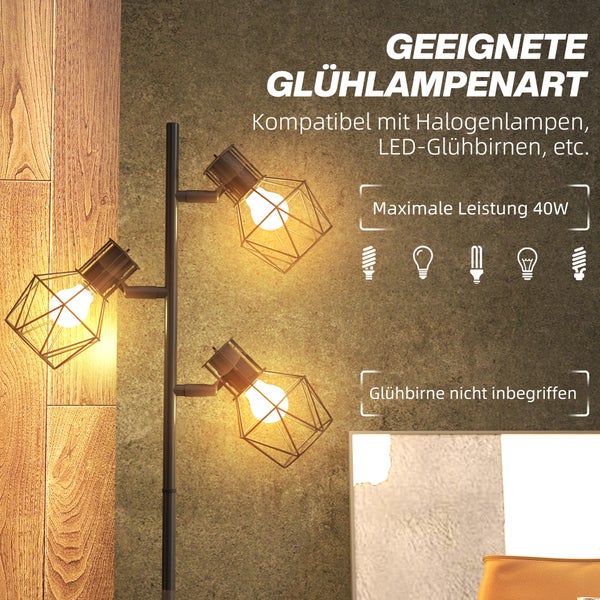 Stehlampe mit drei Leuchten und Informationen zur Glühlampe