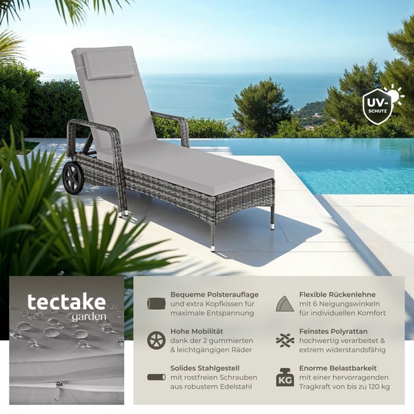 Rattan Sonnenliege tectake  200 x 70 x 33 cm widerstandsfähig grau/hellgrau