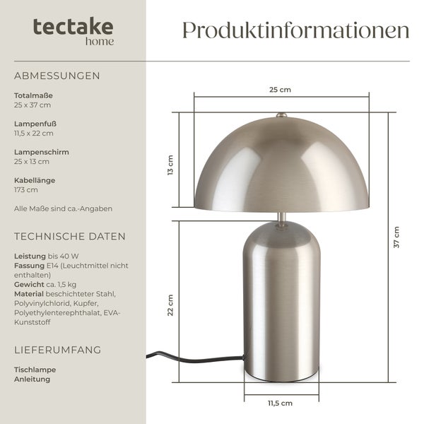 tectake Altea Kleine Retro-Tischlampe Altea, Pilzdesign, 40W 25 x 37 cm Nickel matt