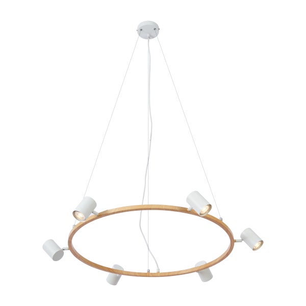 Deckenleuchte mit Holzring und sechs Strahlern