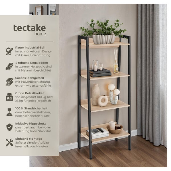 Leiterregal tectake Chatham inklusive Kippschutz, 57,5 x 34 x 138 cm Industrial Style Industrial Holz hell, Eiche Sonoma