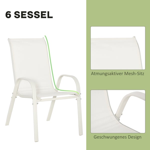 Outsunny 8tlg. Gartenmöbel, Gartenset mit Sonnenschirm, 1 Tisch+6 Stühle, für Garten Terrasse, 150L x 90B x 71H cm, Aluminium, Cremeweiß+Hellgrau
