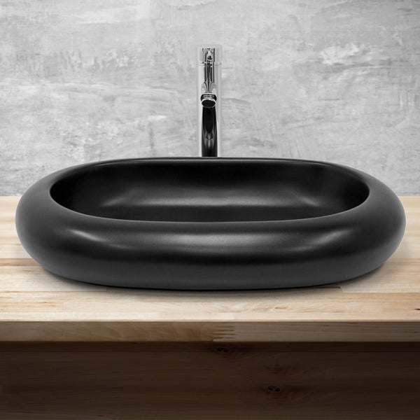 ML-Design Waschbecken Keramik Schwarz Matt 65x45x11 cm, Kieselstein Form, Ovale Aufsatzwaschbecken, Moderne Waschtisch, Waschschale mit Abflussloch, Waschplatz Handwaschbecken, für Badezimmer/Gäste-WC