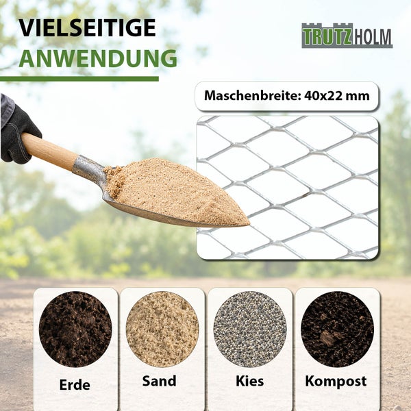 Trutzholm Streckmetallgitter mit 40 mal 22 Millimeter Maschenweite für Erde, Sand, Kies und Kompost.