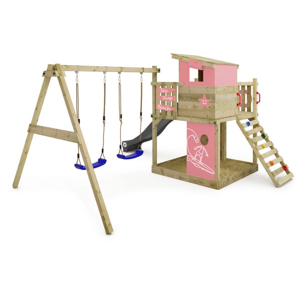 WICKEY Spielturm Klettergerüst Smart Camp mit Schaukel und Rutsche, Baumhaus mit Sandkasten, Kletterleiter und Spiel-Zubehör – anthrazit