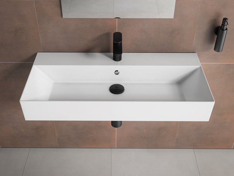 Aqua Bagno Loft KS.90 Waschtisch 90x42 cm – Keramik, Weiß Hochglanz, mit Hahnloch & Überlauf, wandhängend oder als Aufsatzwaschbecken