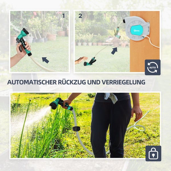 Outsunny Schlauchtrommel mit Gartenschlauch 20m, 180° schwenkbar Schlauchbox, Schlauchaufroller zur Wandmontage, Wasserschlauchaufroller mit automatische Aufrollung, 7-Funktionen Handbrause, Grau