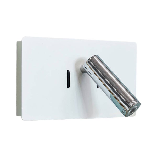 Rechteckige LED-Wandleseleuchte in Weiß mit verchromtem, verstellbarem Kopf und USB-Anschluss.