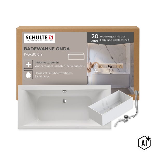 Schulte Badewanne Onda 170x80 cm aus Sanitäracryl inklusive Wannenträger und Ab- und Überlaufgarnitur in einer Produktverpackung