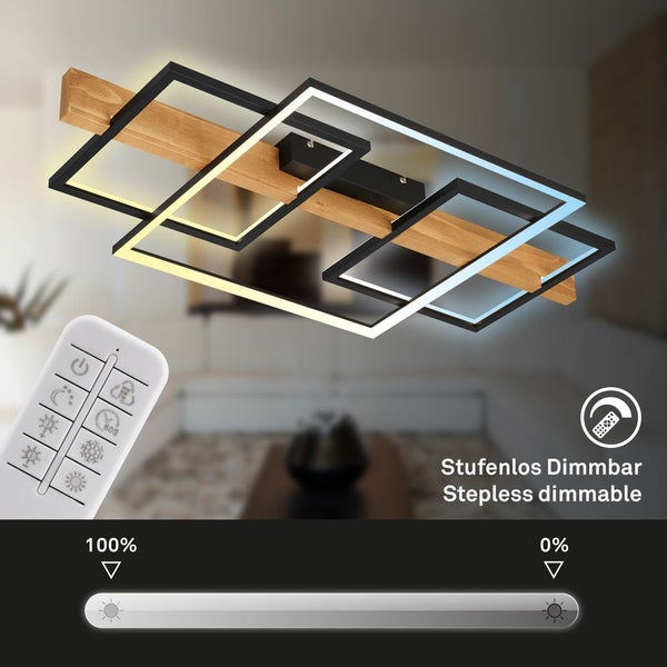 Briloner Cadre LED Deckenlampe, Indirektes Licht, Dimmbar, Speicherfunktion, Fernbedienung, Schwarz-Holz, 75 x 40 x 8 cm