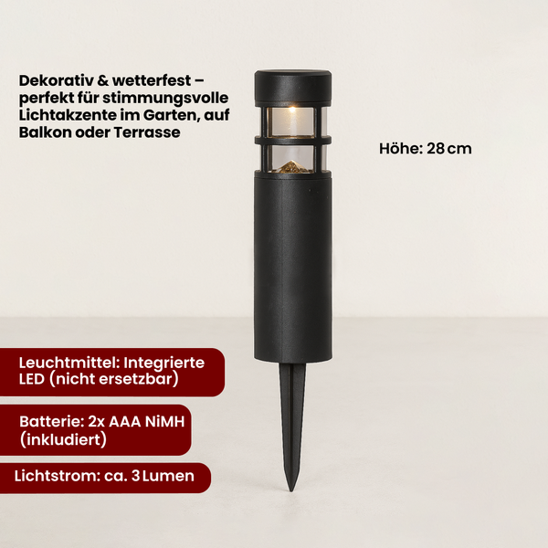 Schwarze Gartenleuchte mit integrierter LED und Erdspieß, Höhe 28 cm