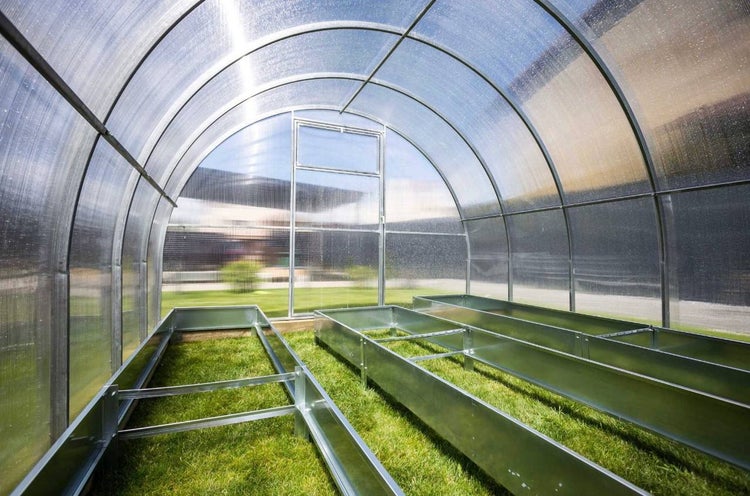 Innenansicht eines hellen Tunnelgewächshauses mit verzinktem Stahlrahmen, Polycarbonat-Stegplatten und Metall-Hochbeeten auf Rasen.