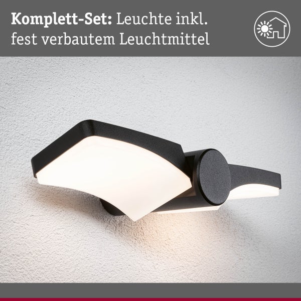 Komplett-Set einer modernen Außenwandleuchte mit zwei verstellbaren LED-Modulen und fest verbautem Leuchtmittel.