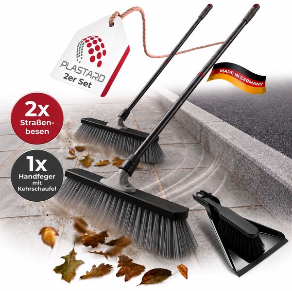 Set bestehend aus zwei Straßenbesen und einem Handfeger mit Kehrschaufel zur Außenreinigung.