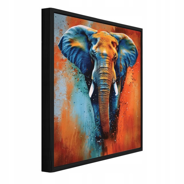 Wandbild mit Elefantenmotiv im schwarzen Rahmen in perspektivischer Ansicht