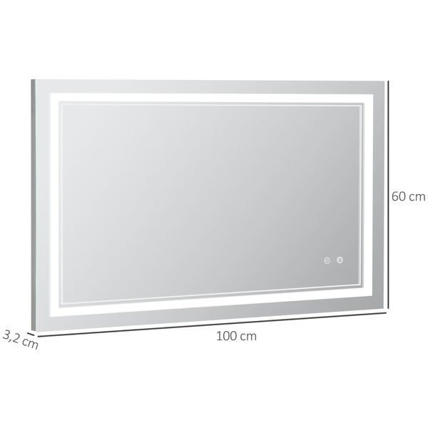 kleankin Badspiegel, Badezimmerspiegel mit LED-Beleuchtung, Wandspiegel mit Touchschalter, 3 Lichtfarben, Lichtspiegel IP44 Wasserdicht, 100 x 60 cm