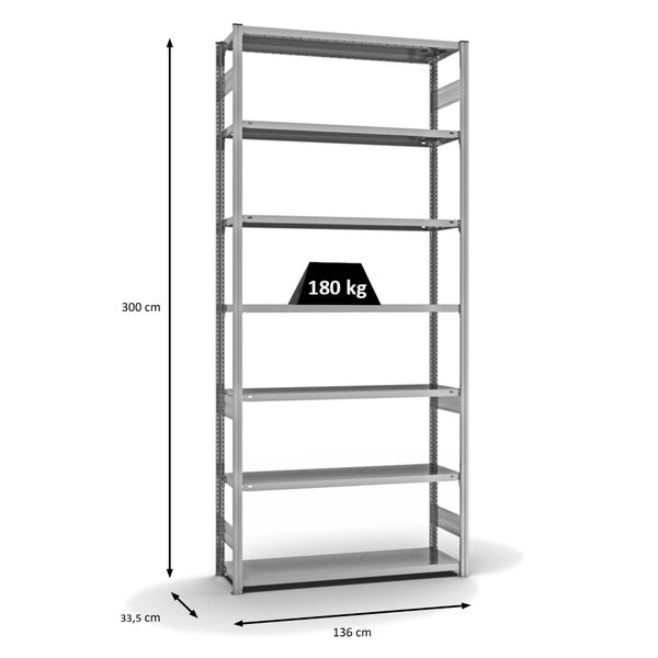 PROREGAL Fachbodenregal Stecksystem T-Profil Light-Duty Grundregal HxBxT 300 x 130 x 40 cm 7 Ebenen Fachlast 180 kg Beidseitig Nutzbar Verzinkt