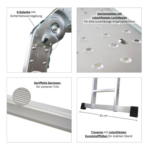 Sprossen-Mehrzweckleiter MULTISTEP mit TÜV/GS Zertifizierung und EN 131-Standard | mit Gerüstplattform | 4-teilig Aluminiumleiter | 4x3 Sprossen | bis zu 3,6 m Höhe | Traglast 150kg | Arbeitsgerüst, Stehleiter & Anlegeleiter