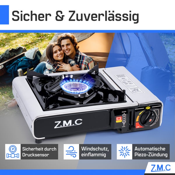 Z.M.C Edelstahl Campingkocher Gaskocher 1 Flammig + Aufbewahrungskoffer + 8x Gaskartuschen 227g für Indoor/Outdoor | Wärmeleistung: 2,2KW  Piezozündung Kartuschenkocher