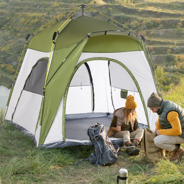 Outsunny Campingzelt, 4 Personen Zelt,   240 x 240 x 199 cm, Aluminiumlegierung,Glasfaser, Grün+Grau