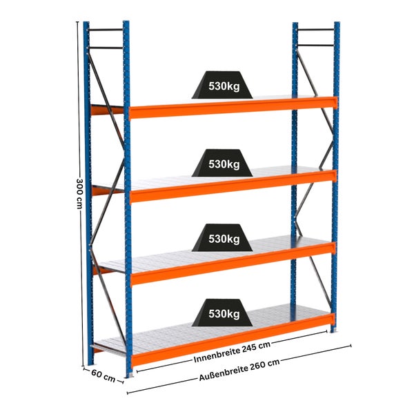 Lagerregal mit vier Ebenen und Gewichtsangabe