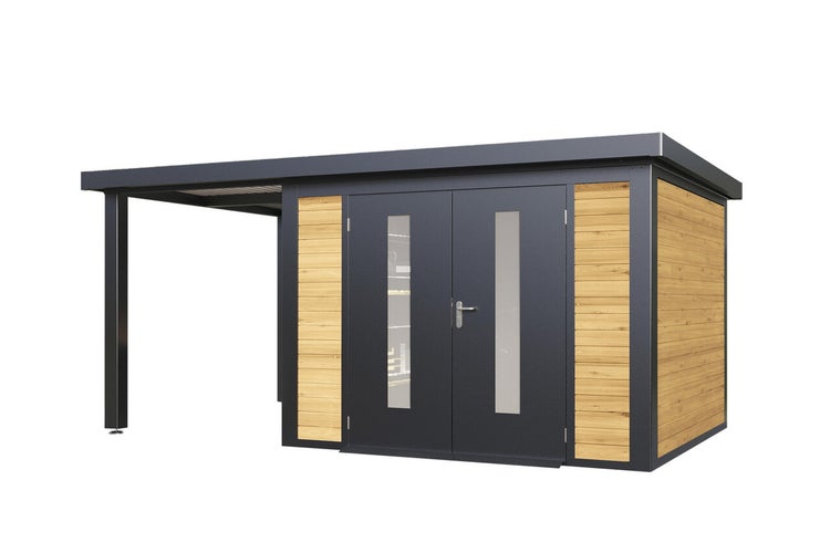 Modernes Gartenhaus mit integriertem Schleppdach, Doppeltür mit Lichtausschnitten und Holz-Metall-Kombination.