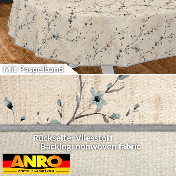 Tischdecke mit Blumenmuster und Paspelband, Rückseite aus Vliesstoff, ANRO Logo