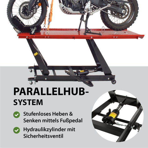 Motorrad auf Motorradhebebühne mit Parallelhubsystem