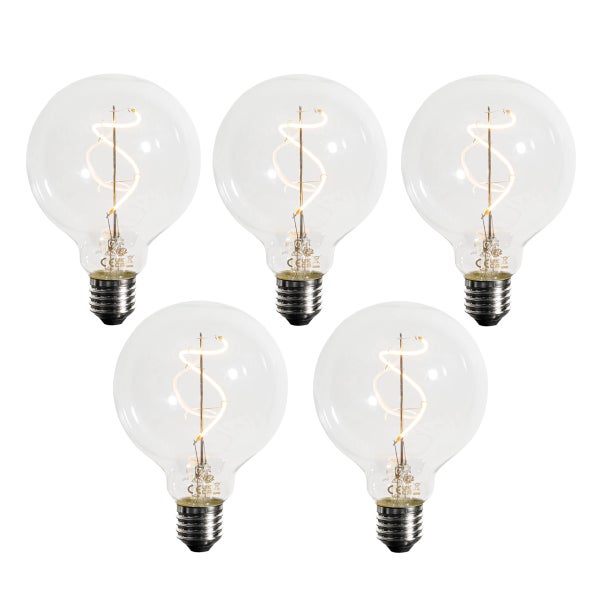 Fünf LED Globe Leuchtmittel mit E27 Sockel, klarem Glas und spiralförmigem Filament.