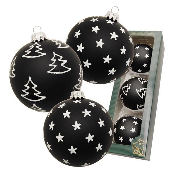 Xmas Black & White Ebony, 3-er Set, schwarz matt/weiß, Glitzer, 8cm, 3 Stck., Weihnachtsbaumkugeln, Christbaumschmuck, Weihnachtsbaumanhänger