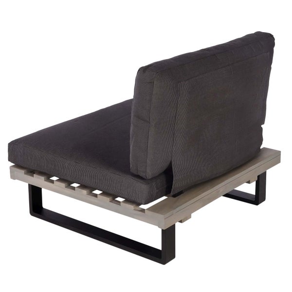 Loungemodul für Gartenmöbel mit Holzlattenrost, Metallgestell und dunklen Sitzpolstern.