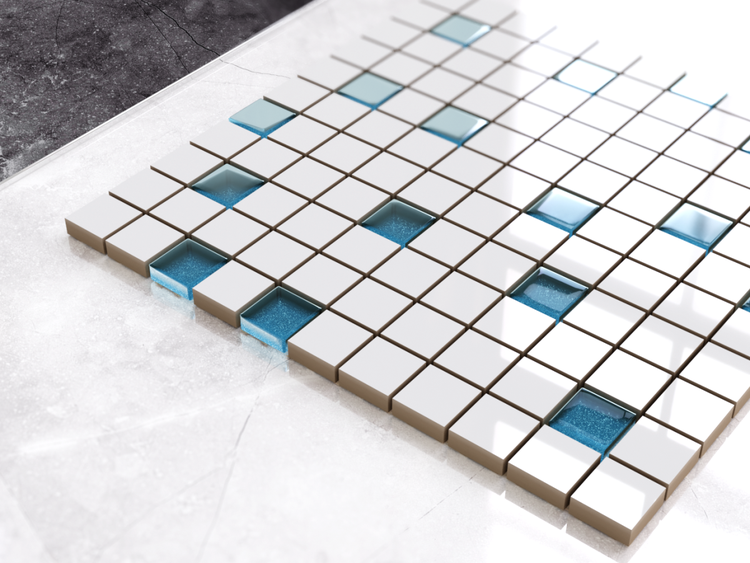 Quadratische Mosaikfliese mit Glas- und Keramikelementen