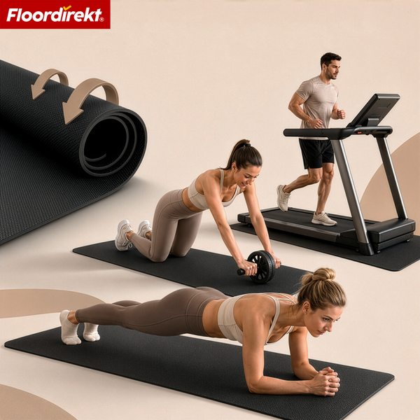 Floordirekt Logo. Aufrollbare schwarze Bodenschutzmatten für Fitnessgeräte im Einsatz bei Laufband, Bauchroller-Training und Unterarmstütz.