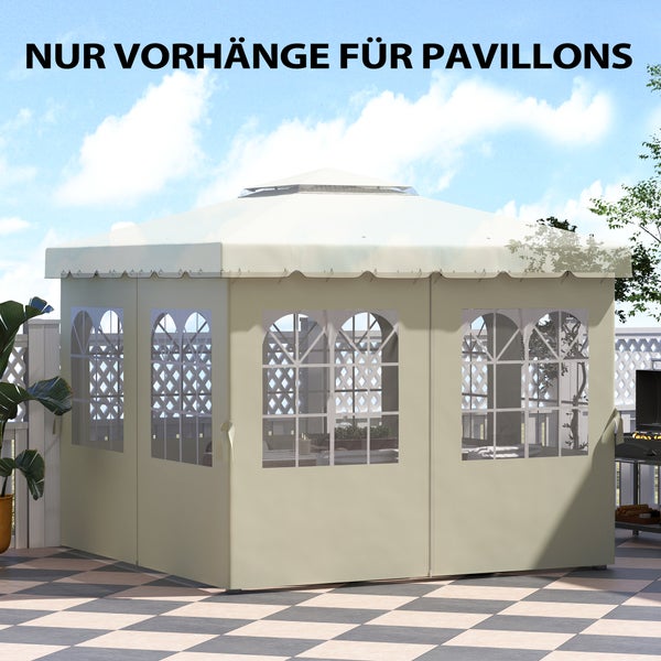 Vierteiliges Seitenvorhänge-Set für Pavillons, beige, mit integrierten Fenstern in Sprossenoptik.