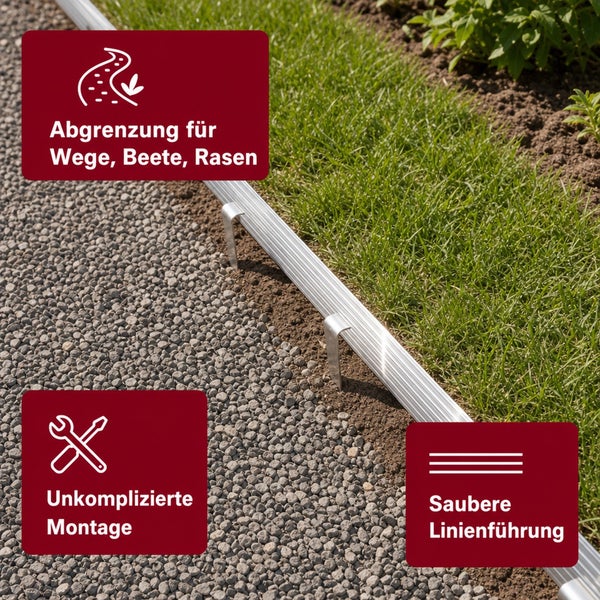 Metall Rasenkante als Abgrenzung für Wege und Beete mit einfacher Montage für eine saubere Linienführung im Garten