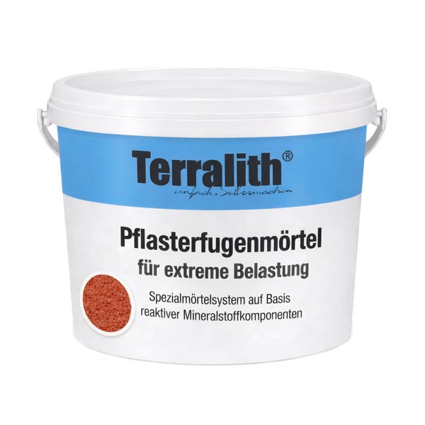 Terralith Pflasterfugenmoertel für extreme Belastung im Eimer zur Verfugung von Pflastersteinen und Plattenbelägen.