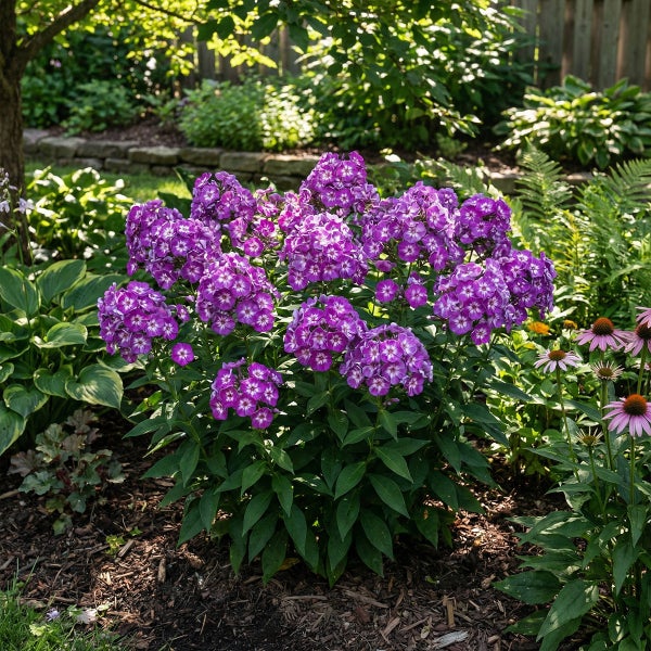 Blühende Phlox paniculata Flammenblume in einem gepflegten Gartenbeet mit Mulch, umgeben von Farnen und Grünpflanzen.
