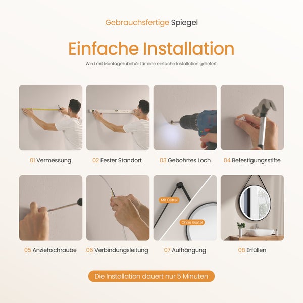 EMKE LED Badspiegel mit Beleuchtung Ø70 cm rund, Touchschalter, kaltweiß, IP44, kupferfreier Silberspiegel für Bad