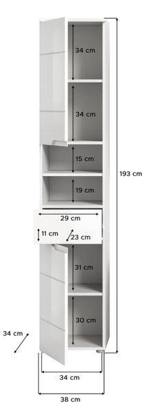 Weißer Badezimmer-Hochschrank mit Maßen: Höhe 193 Zentimeter, Breite 38 Zentimeter, Tiefe 34 Zentimeter, inklusive Innenfächer.