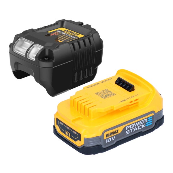 DeWalt 18 Volt PowerStack Lithium-Ionen-Akku und passendes Akku-Ladegerät.