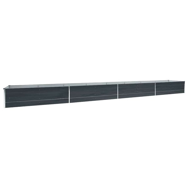 Extra langes, modulares Hochbeet aus Aluminium und Kunststoffpaneelen in Anthrazit, bestehend aus vier aneinandergereihten Elementen.