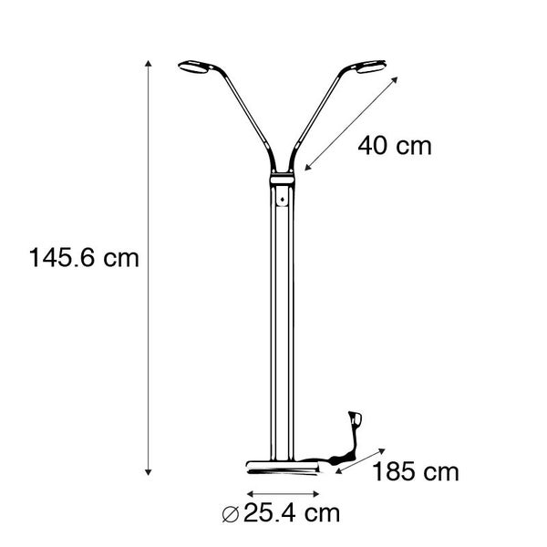 Abmessungen einer Stehleuchte: 145,6 cm hoch, Lampenarme jeweils 40 cm, Kabellänge 185 cm, Fußdurchmesser 25,4 cm