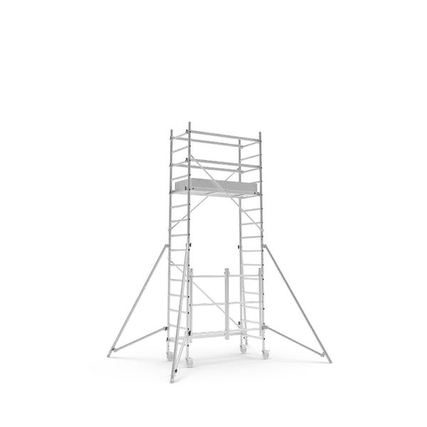 Fahrgerüst aus Aluminium mit Auslegern, Arbeitsplattform und Lenkrollen.