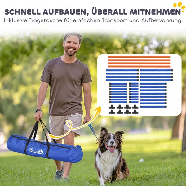 Mann im Park mit Hund und PawHut Tragetasche. Abbildung zeigt Einzelteile für den Aufbau und PawHut Logo.